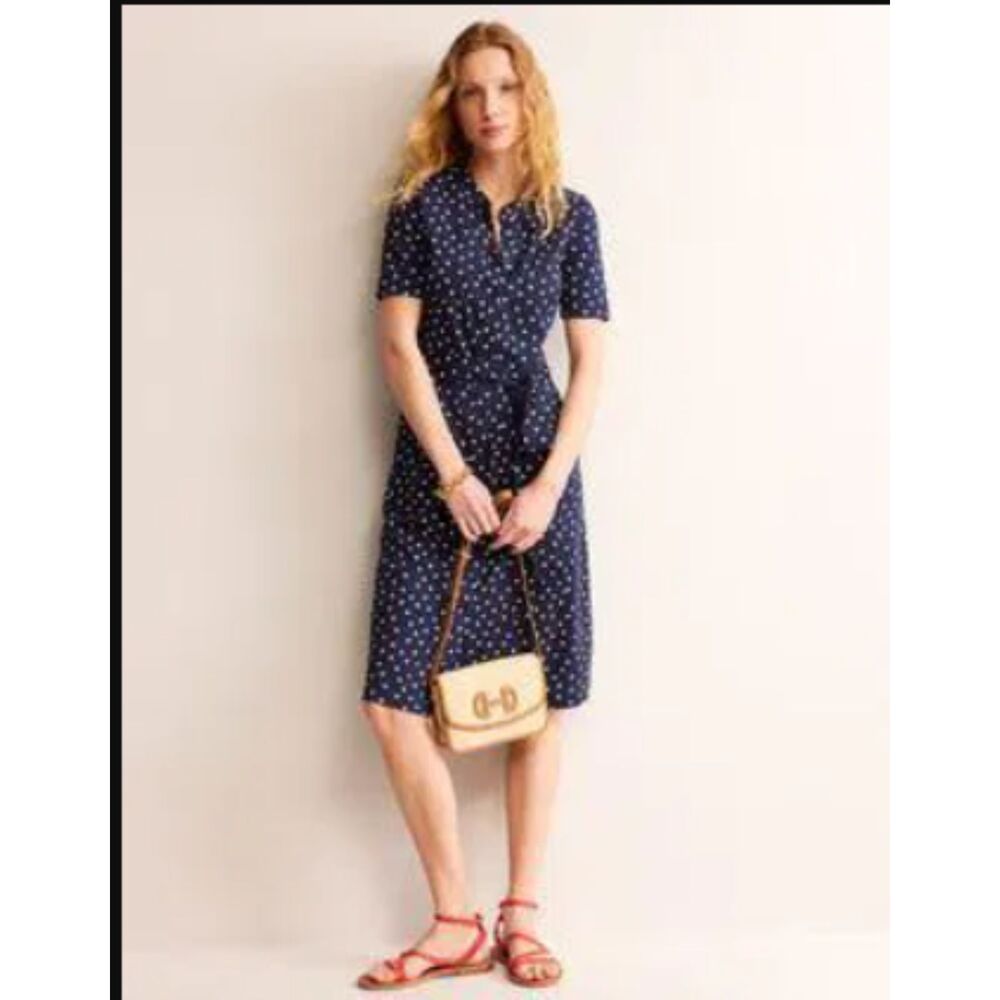 Boden Julia Polka Dot Belted Jersey Short Sleeve Button Up Shirt Dress 10 Petite